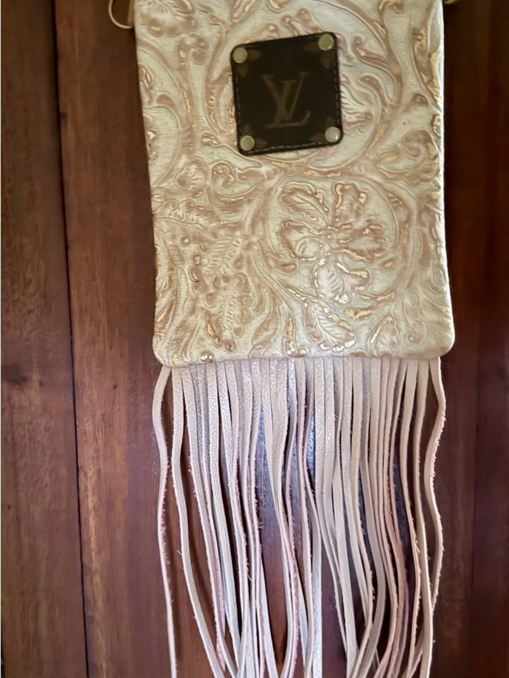 Upcycled LV Cream Embossed Fringe Crossbody Bag